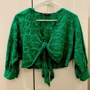ZARA green tie crop top with stitching detail